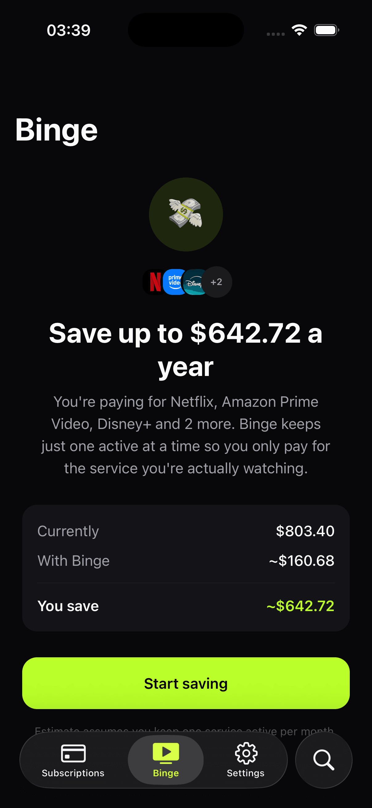 Duneloop Binge screen showing 'Save up to $642.72 a year', currently $803.40, with Binge ~$160.68