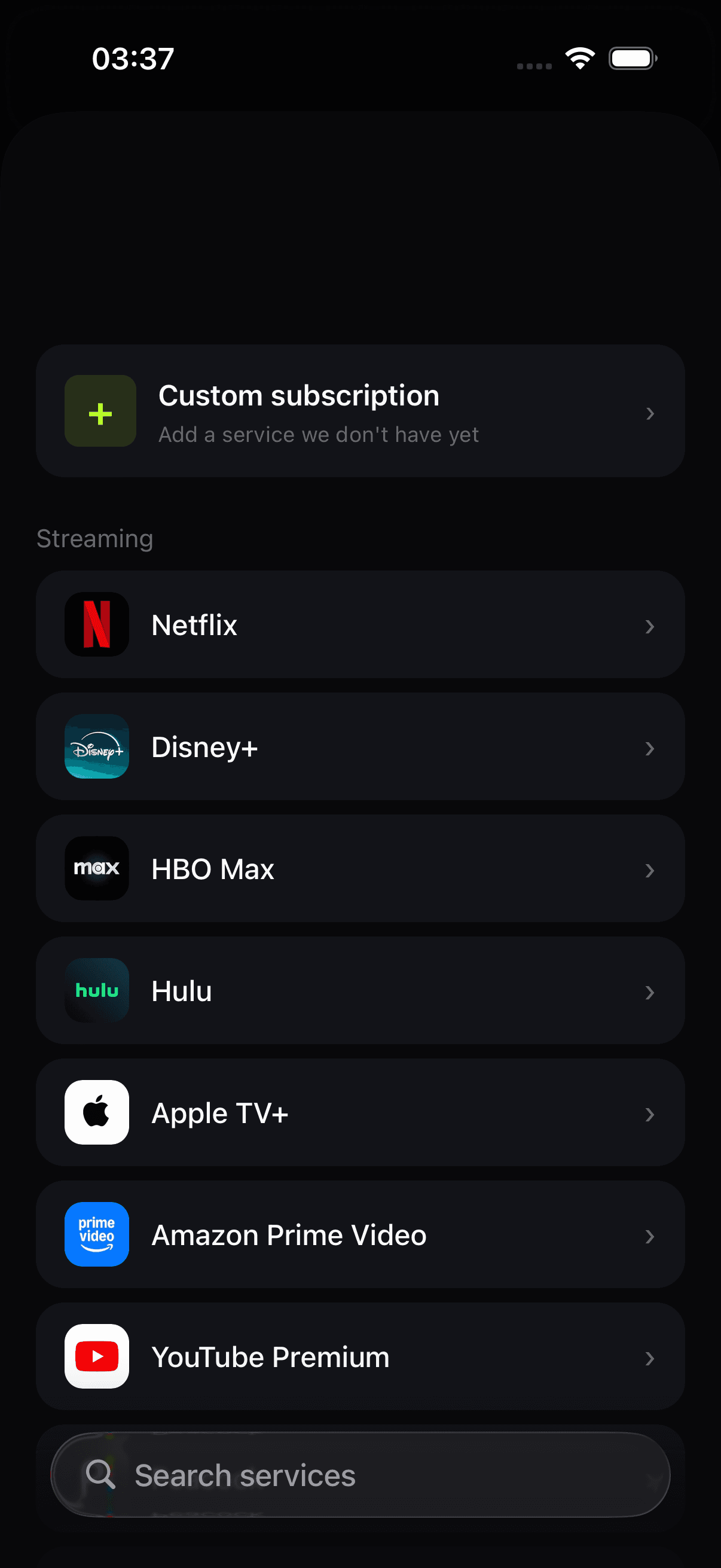 Duneloop catalog screen showing the streaming services Netflix, Disney+, HBO Max, Hulu, Apple TV+, Amazon Prime Video and YouTube Premium, with a custom subscription option
