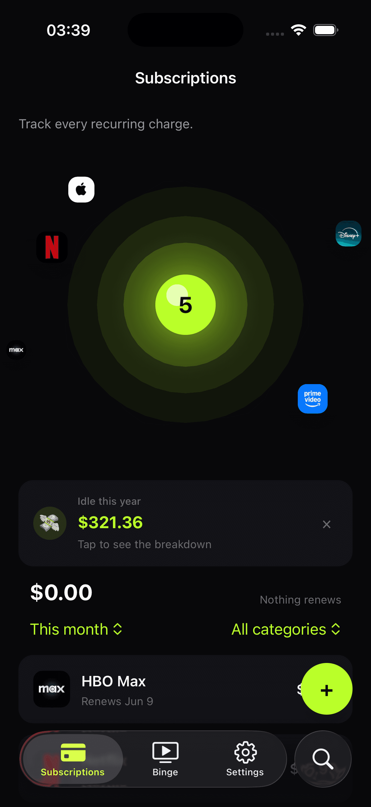 Duneloop subscriptions home screen showing a subscription orbit with Netflix, Disney+, HBO Max and Amazon Prime Video, plus an 'Idle this year $321.36' card